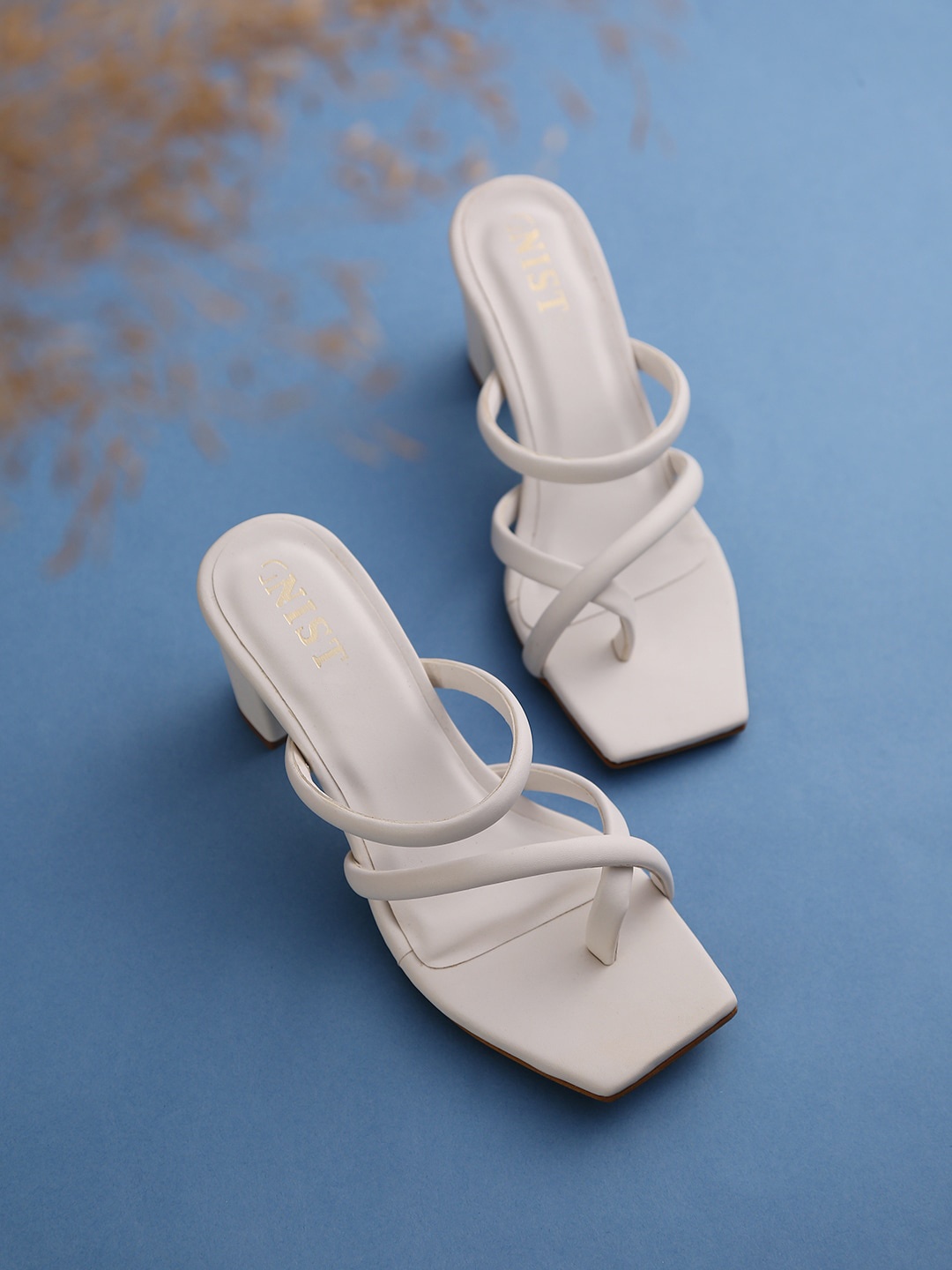 GNIST White Solid Block Heels