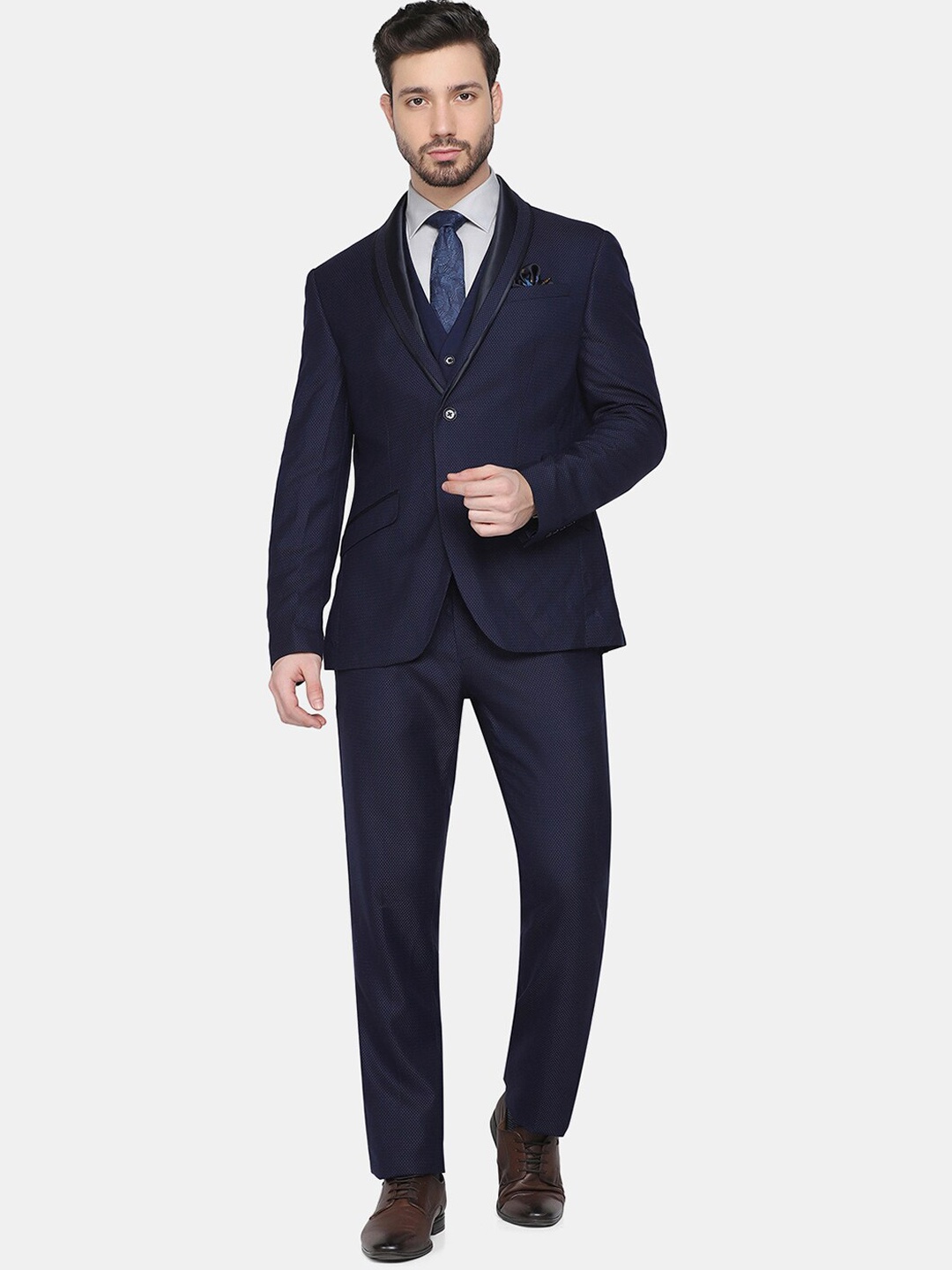 Blackberrys Men Navy Blue Self-Design Single-Breasted Slim-Fit 3-Piece Suit
Blackberrys Men Navy Blue Self-Design Single-Breasted Slim-Fit 3-Piece Suit