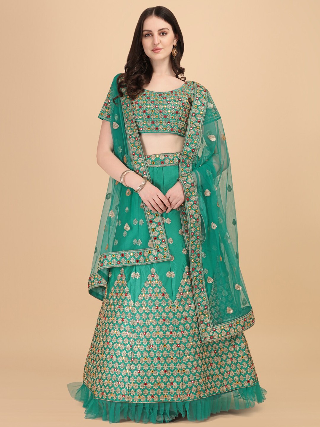 Fab Viva Green & Gold-Toned Embroidered Thread Work Semi-Stitched Lehenga & Unstitched Blouse With Dupatta
Fab Viva Green & Gold-Toned Embroidered Thread Work Semi-Stitched Lehenga & Unstitched Blouse With Dupatta