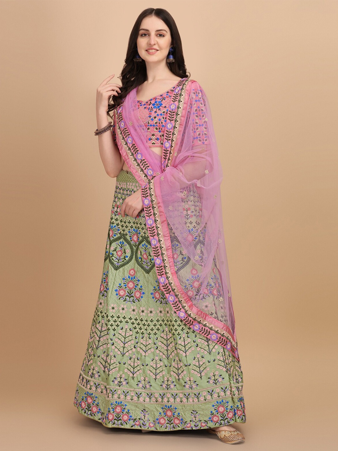 Fab Viva Sea Green & Pink Embroidered Thread Work Semi-Stitched Lehenga & Unstitched Blouse With Dupatta
Fab Viva Sea Green & Pink Embroidered Thread Work Semi-Stitched Lehenga & Unstitched Blouse With Dupatta