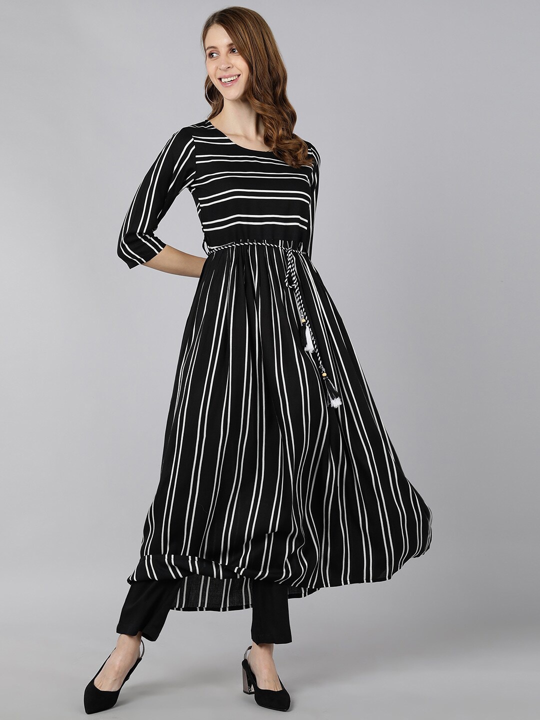 kipek Women Black & White Striped Maxi Dress