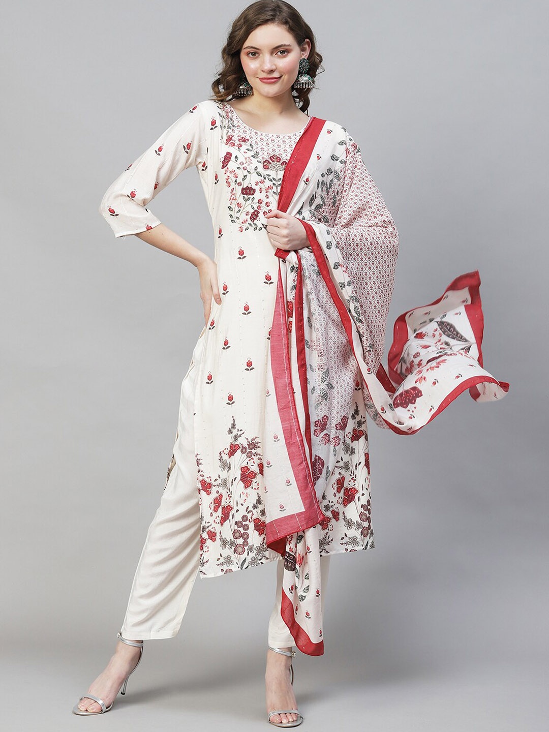 FASHOR Women Floral Yoke Design Sequinned Chanderi Silk Kurta with Trousers & Dupatta, Cream
FASHOR Women Floral Yoke Design Sequinned Chanderi Silk Kurta with Trousers & Dupatta, Cream
