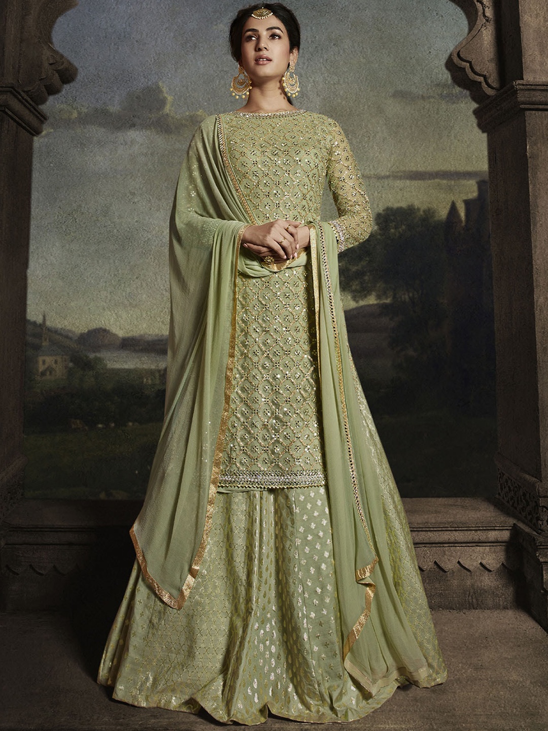 ODETTE Green Embellished Unstitched Dress Material