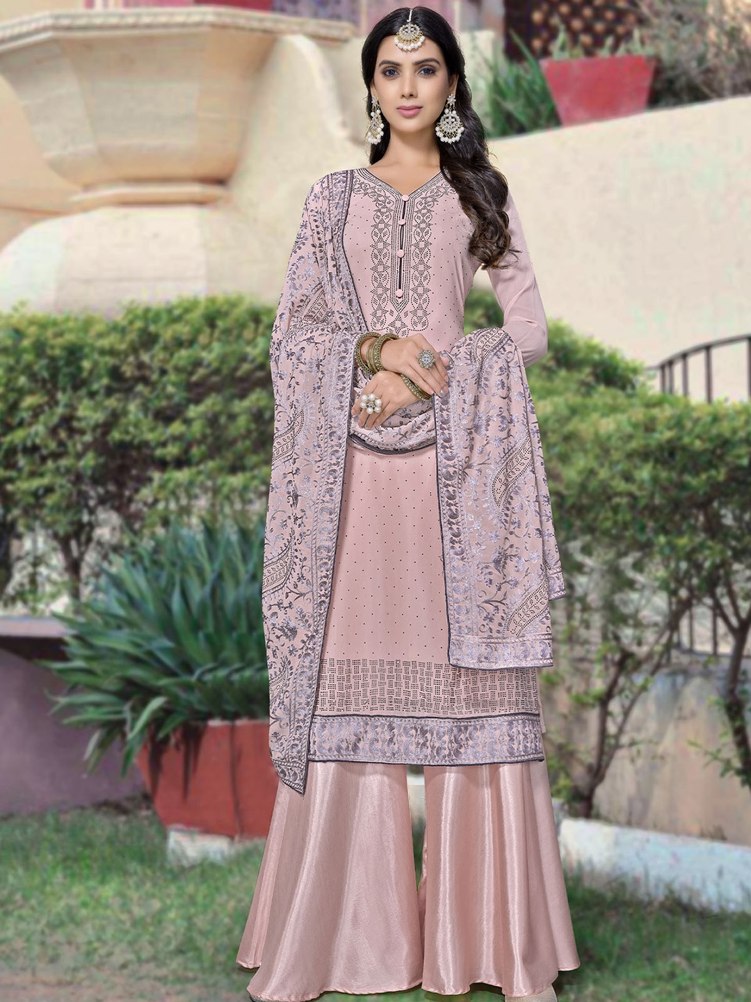 ODETTE Pink Embroidered Unstitched Dress Material