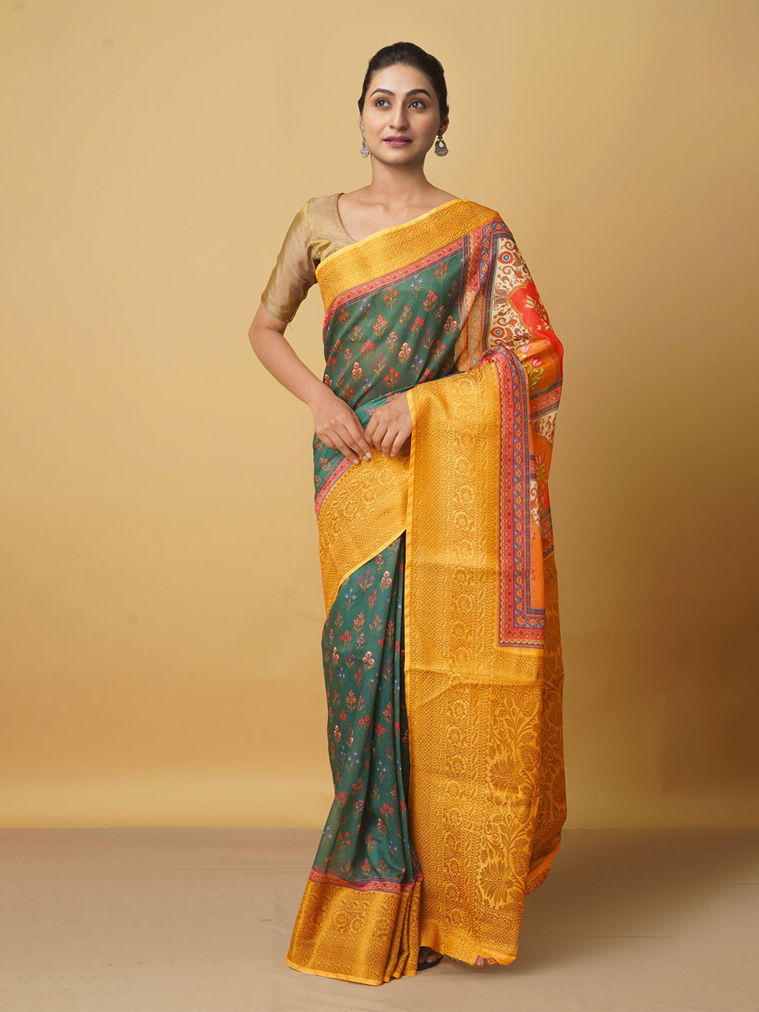 Unnati Silks Green & Yellow Floral Zari Silk Cotton Maheshwari Saree 
Unnati Silks Green & Yellow Floral Zari Silk Cotton Maheshwari Saree