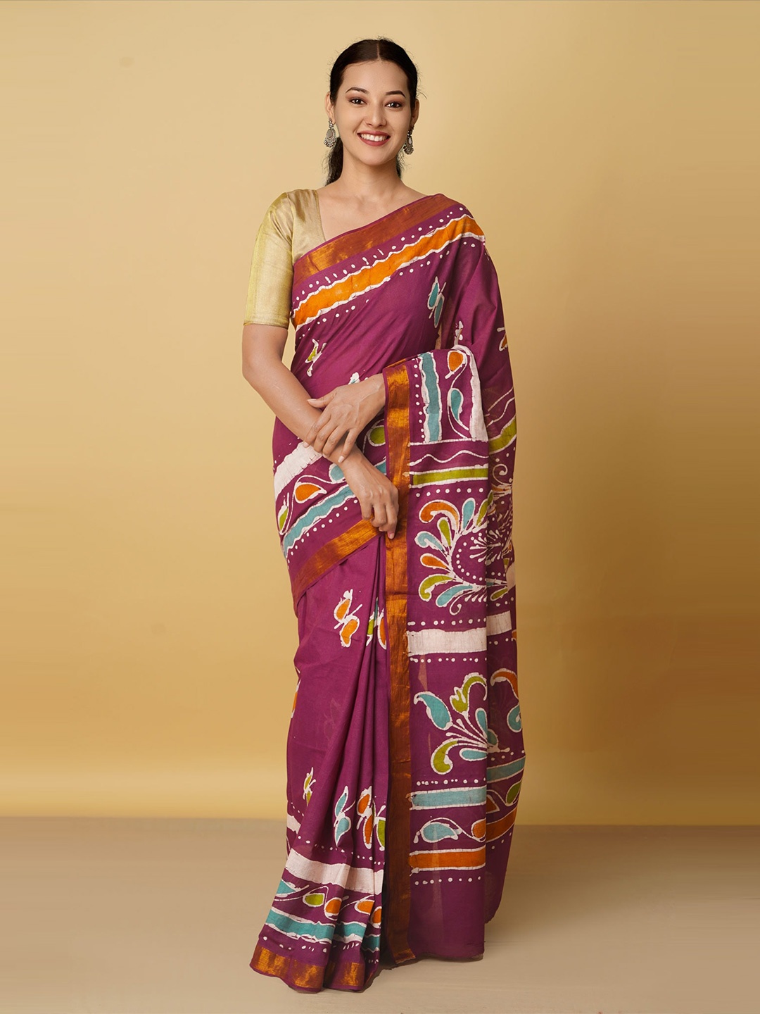 Unnati Silks Purple & Blue Batik Silk Cotton Kota Saree