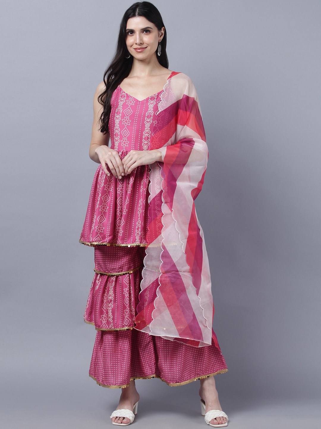 Myshka Women Pink Bandhani Printed Pleated Gotta Patti Pure Silk Kurti with Sharara & With Dupatta
Myshka Women Pink Bandhani Printed Pleated Gotta Patti Pure Silk Kurti with Sharara & With Dupatta
