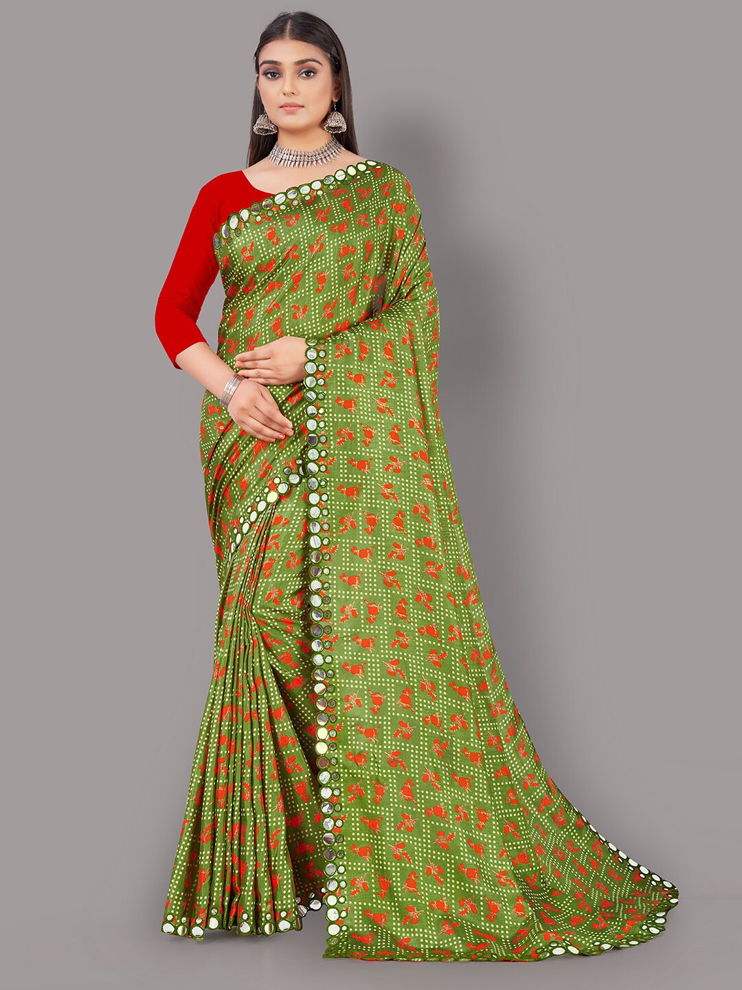 HRITIKA Green & Red Floral Mirror Work Saree