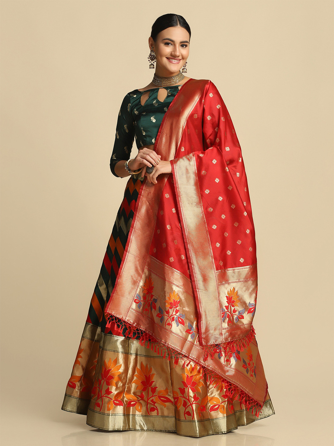 Warthy Ent Women Green & Gold-Toned Semi-Stitched Lehenga & Unstitched Blouse With Dupatta
Warthy Ent Women Green & Gold-Toned Semi-Stitched Lehenga & Unstitched Blouse With Dupatta