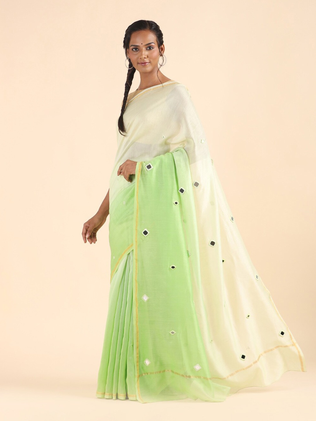 Taneira Green & White Mirror Work Saree