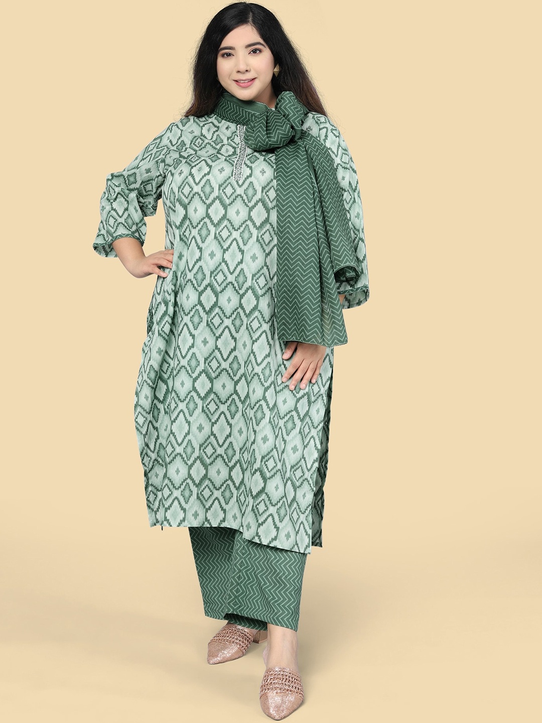 MIRCHI FASHION Women Olive Green Printed Mirror Work Pure Cotton Kurta with Trousers
MIRCHI FASHION Women Olive Green Printed Mirror Work Pure Cotton Kurta with Trousers