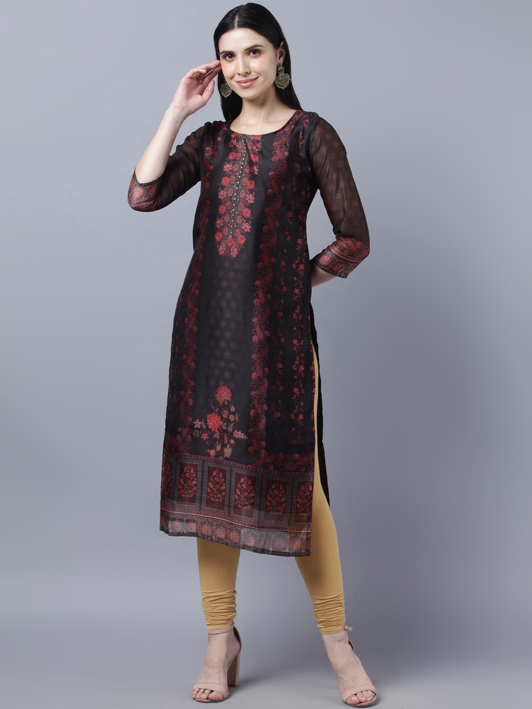 Myshka Women Black Ethnic Motifs Embroidered Keyhole Neck Flared Sleeves Chanderi Silk Kurta
Myshka Women Black Ethnic Motifs Embroidered Keyhole Neck Flared Sleeves Chanderi Silk Kurta