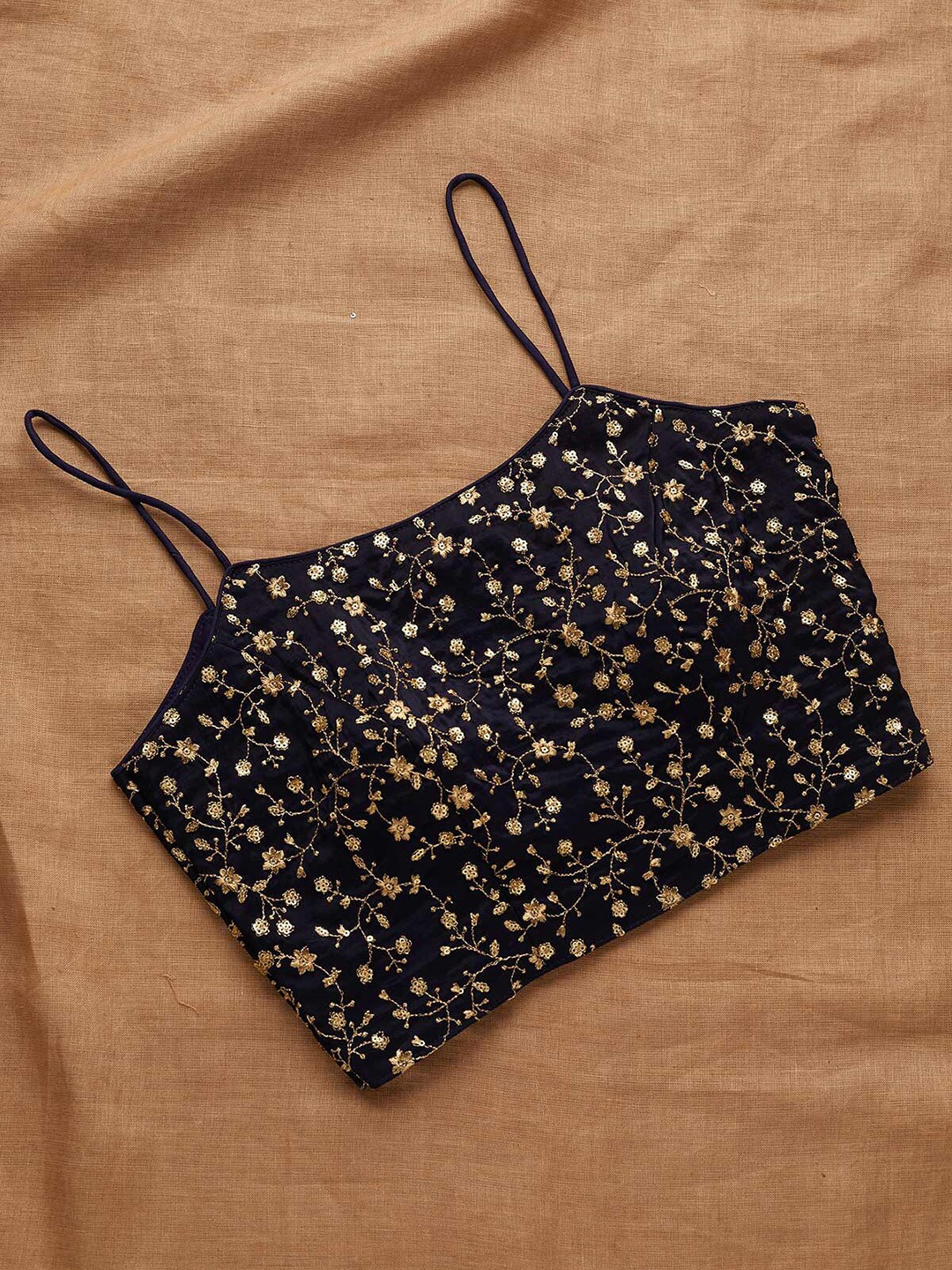 Koskii Navy Blue Embroidered padded Saree Blouse