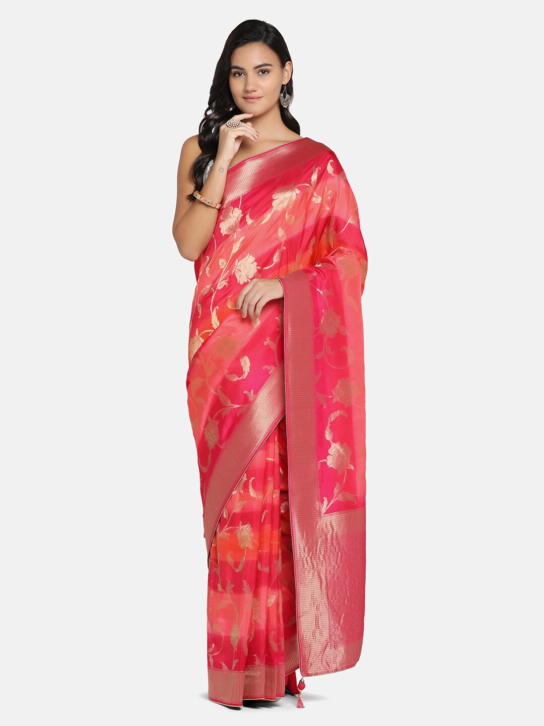 BOMBAY SELECTIONS Magenta & Grey Woven Design Zari Pure Silk Banarasi Saree