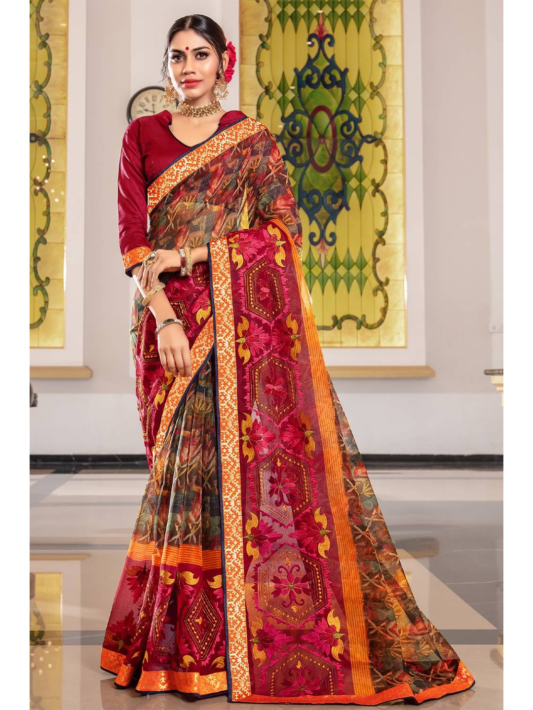 KARAGIRI Maroon & Orange Floral Zari Saree