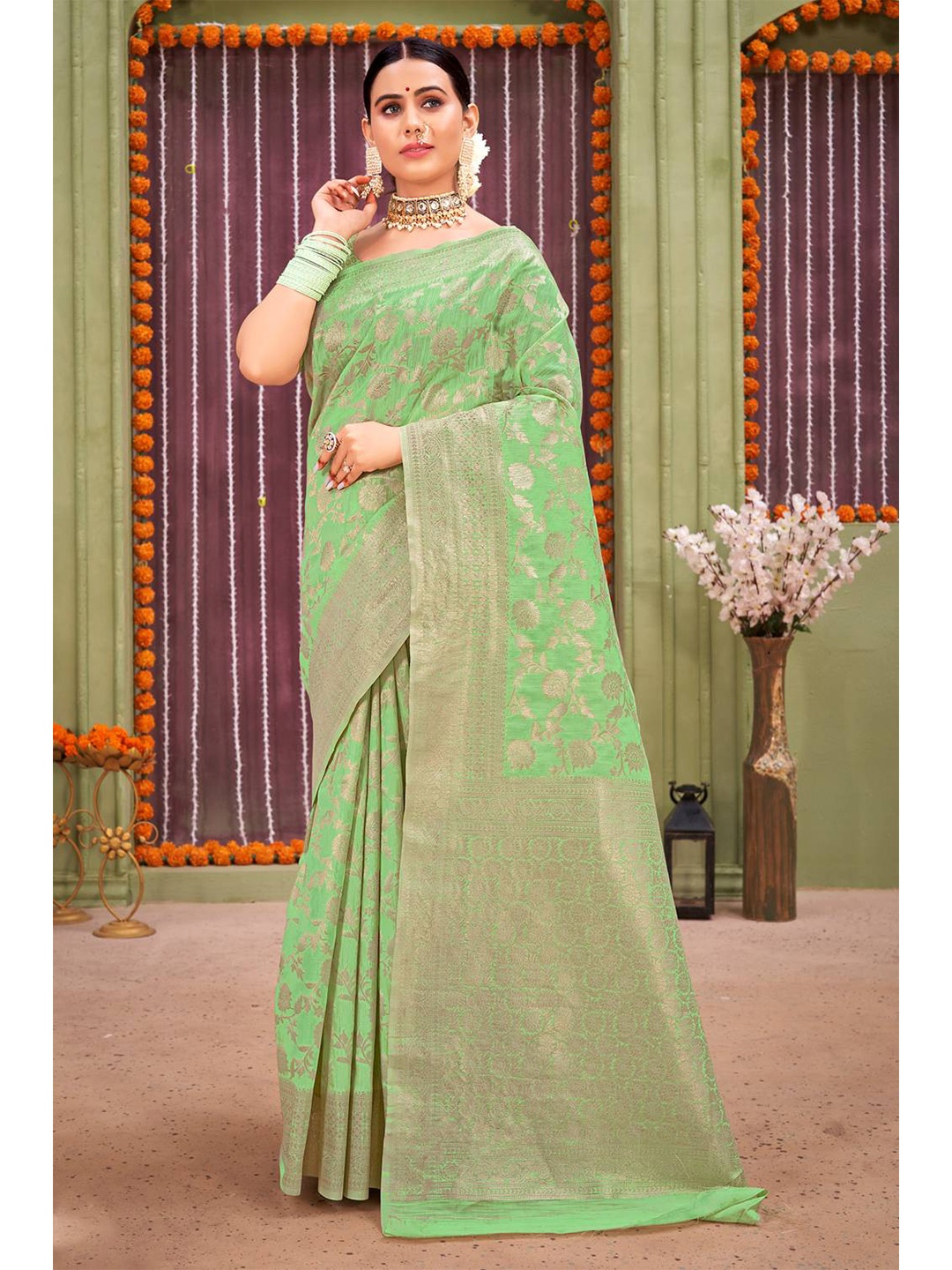 KARAGIRI Sea Green And Gold Toned Woven Design Zari Saree