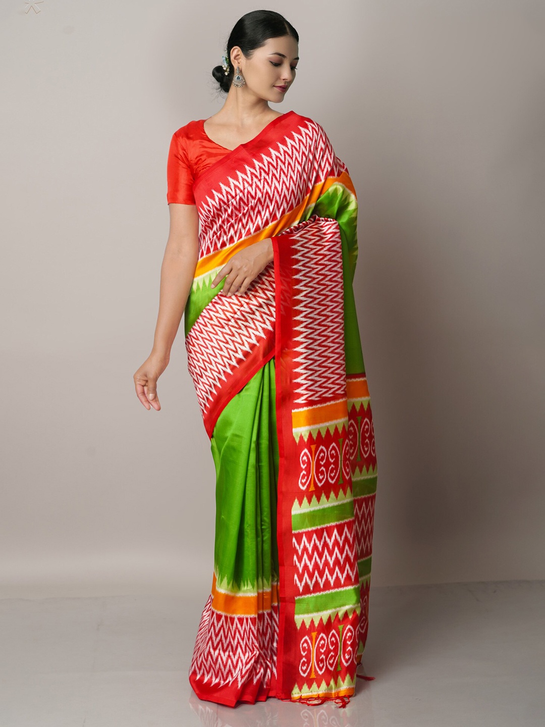 Unnati Silks Green & Red Art Silk Block Print Saree
