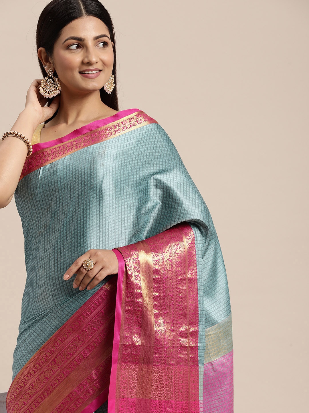 FASHDEAL Blue & Pink Checked Jacquard Pure Cotton Saree
