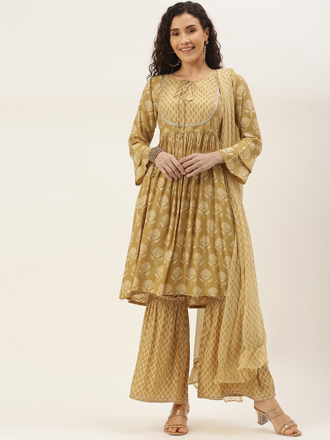 VAABA Women Mustard Yellow Embroidered Pleated Patchwork Kurta with Sharara & With Dupatta
VAABA Women Mustard Yellow Embroidered Pleated Patchwork Kurta with Sharara & With Dupatta