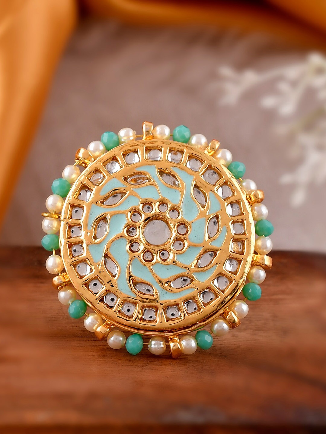 DASTOOR Women Gold-Plated White & Sea Green Kundan-Studded & Beaded Meenakari Adjustable Finger Ring
DASTOOR Women Gold-Plated White & Sea Green Kundan-Studded & Beaded Meenakari Adjustable Finger Ring