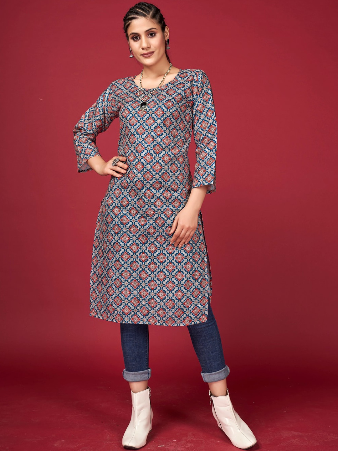 SHOPGARB Women Multicoloured Geometric Printed Cold-Shoulder Sleeves Thread Work Kurta, Multi
SHOPGARB Women Multicoloured Geometric Printed Cold-Shoulder Sleeves Thread Work Kurta, Multi