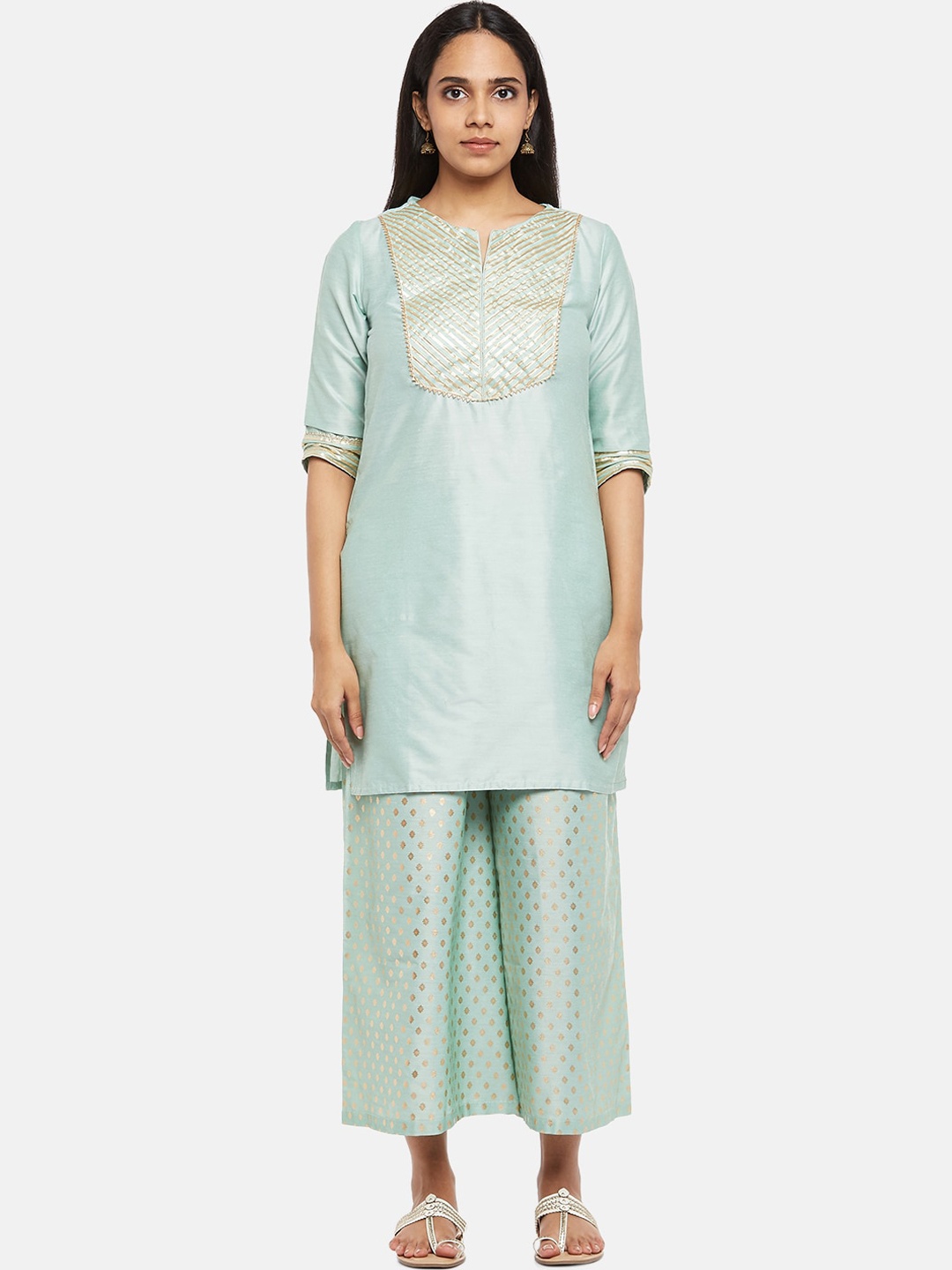 RANGMANCH BY PANTALOONS Women Sea Green Printed Gotta Patti Kurti with Trouser & Dupatta
RANGMANCH BY PANTALOONS Women Sea Green Printed Gotta Patti Kurti with Trouser & Dupatta