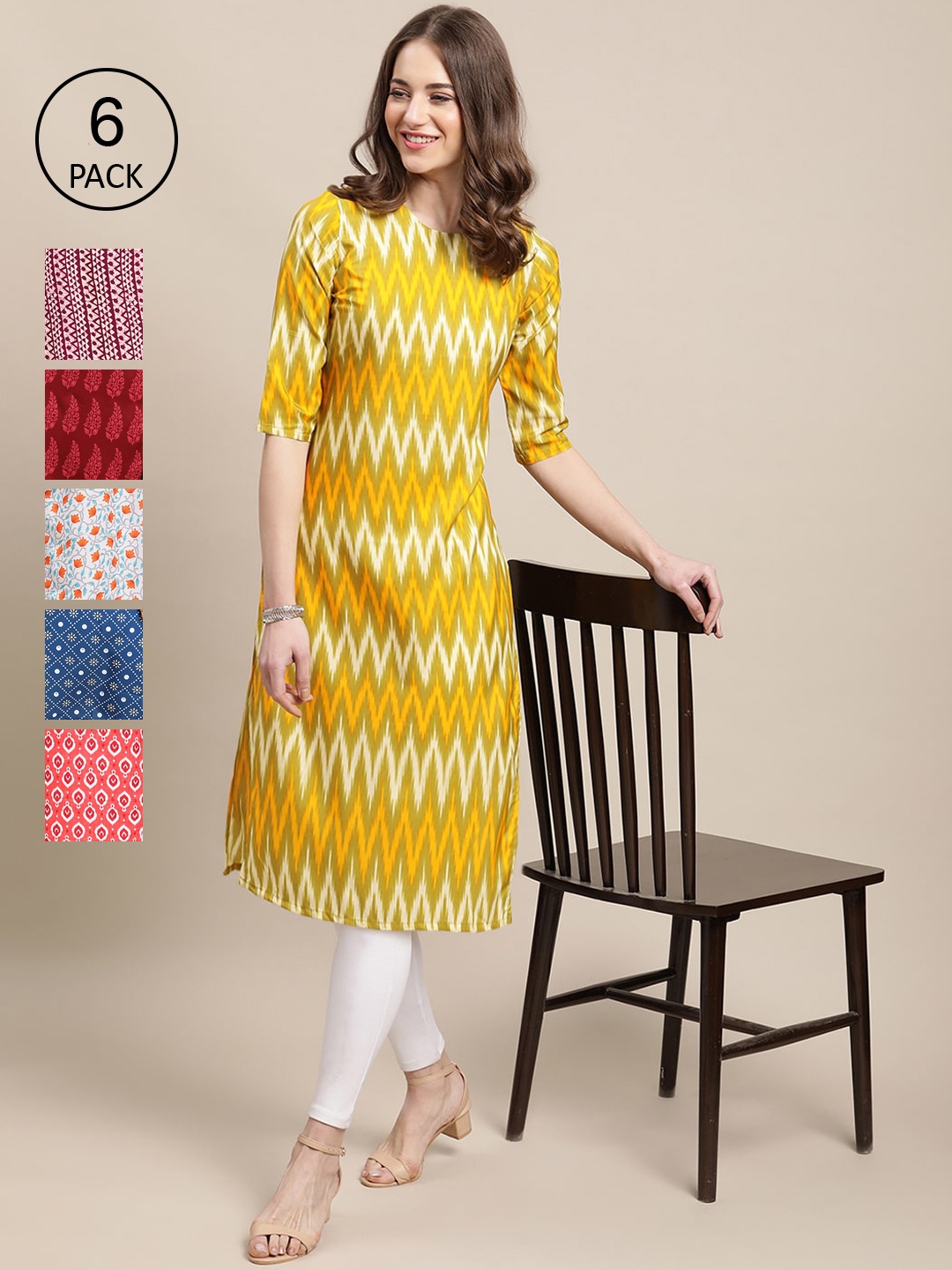 7Threads PACK OF 6 Women Ethnic Motifs Printed Block Print Crepe Kurta, Yellow
7Threads PACK OF 6 Women Ethnic Motifs Printed Block Print Crepe Kurta, Yellow