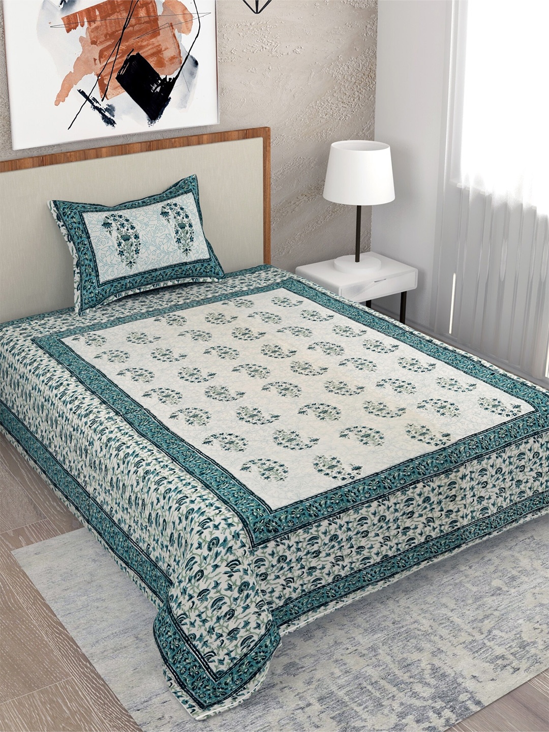 Salona Bichona Turquoise Blue & Cream-Coloured Ethnic Motifs 120 TC Single Bedsheet with 1 Pillow Covers
Salona Bichona Turquoise Blue & Cream-Coloured Ethnic Motifs 120 TC Single Bedsheet with 1 Pillow Covers