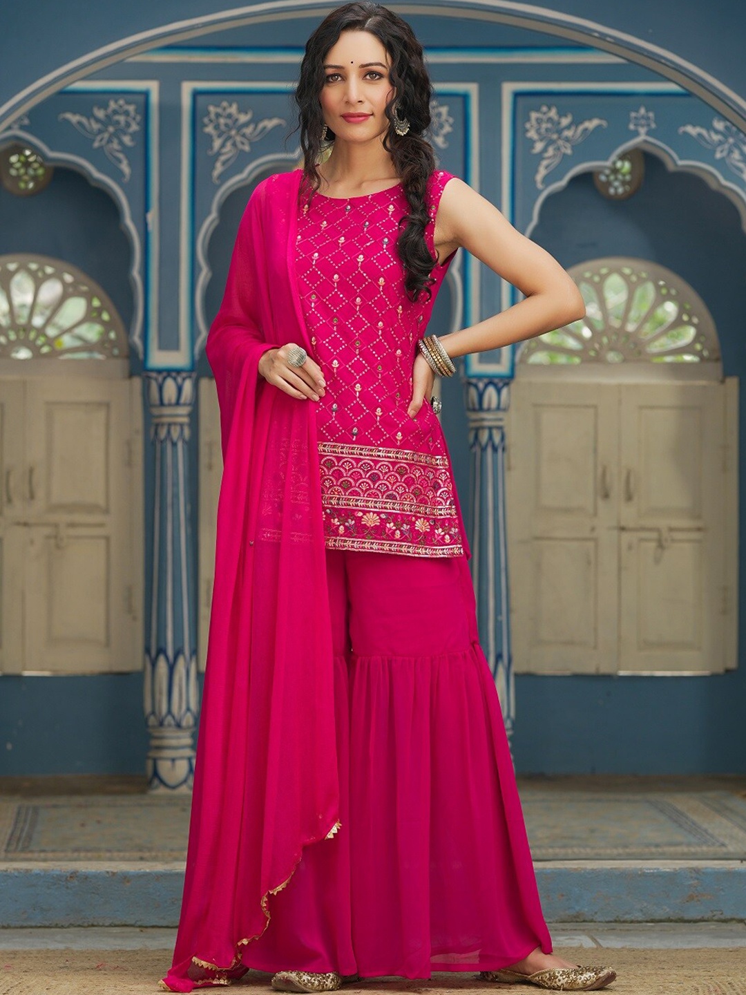 Juniper Ethnic Motifs Embroidered Sequinned Kurta with Sharara & With Dupatta, Fuchsia
Juniper Ethnic Motifs Embroidered Sequinned Kurta with Sharara & With Dupatta, Fuchsia