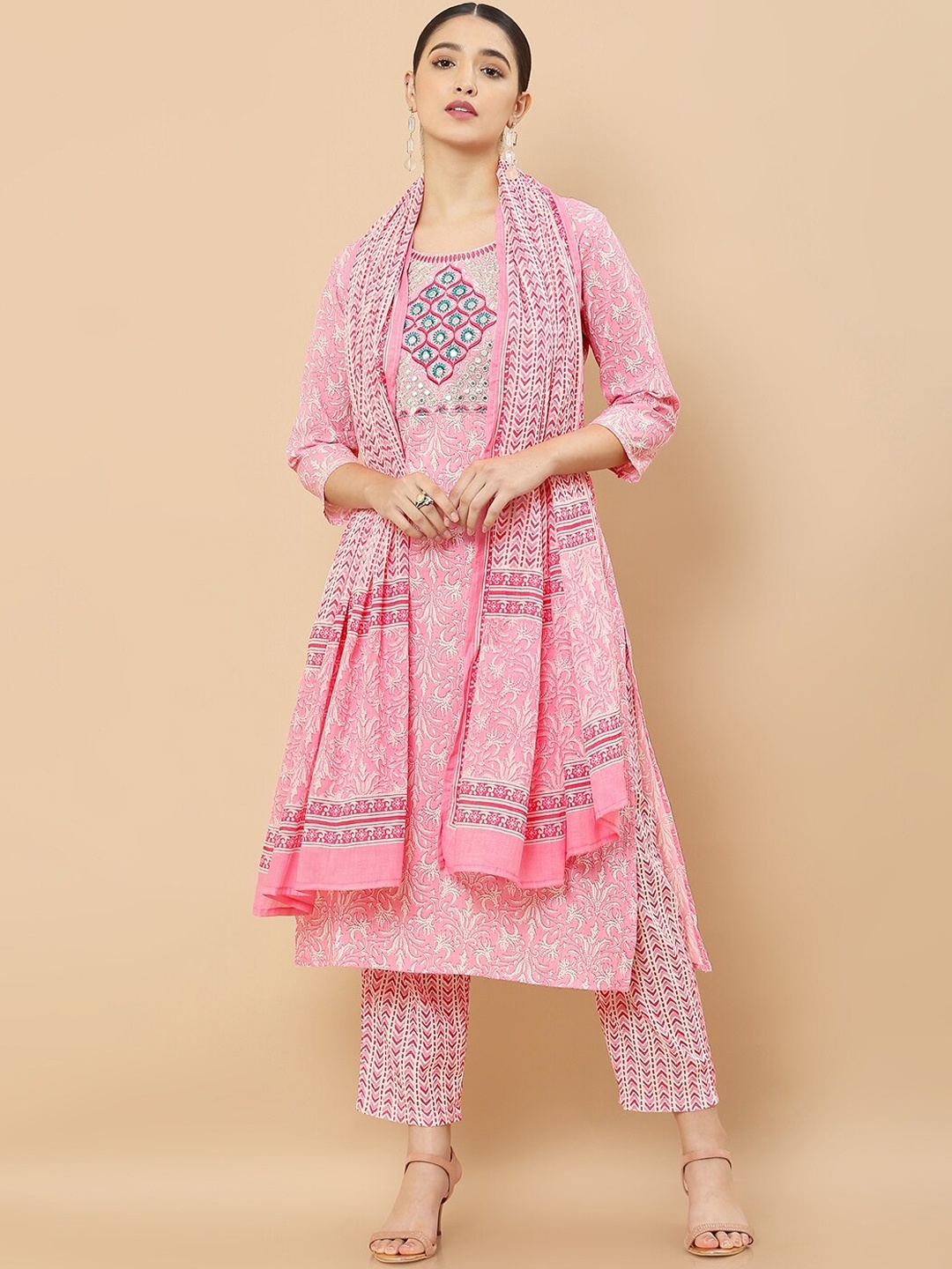Soch Women Pink Floral Printed Mirror Work Pure Cotton Kurta with Trouser & With Dupatta
Soch Women Pink Floral Printed Mirror Work Pure Cotton Kurta with Trouser & With Dupatta