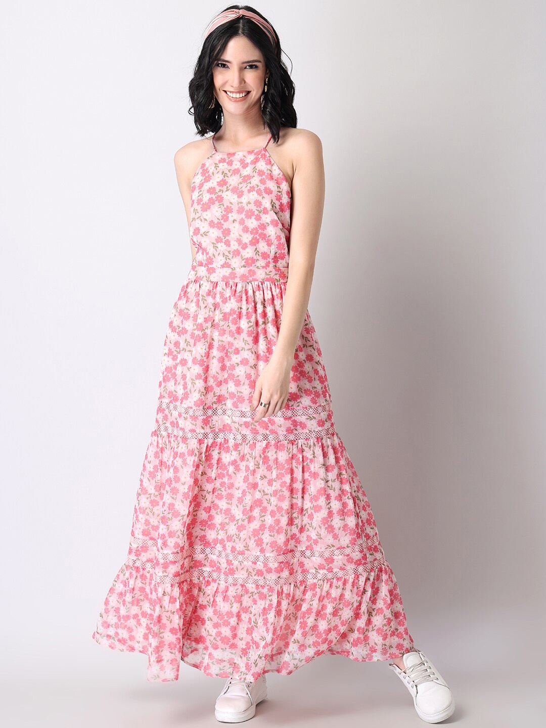 FabAlley Pink Floral Georgette Maxi Dress