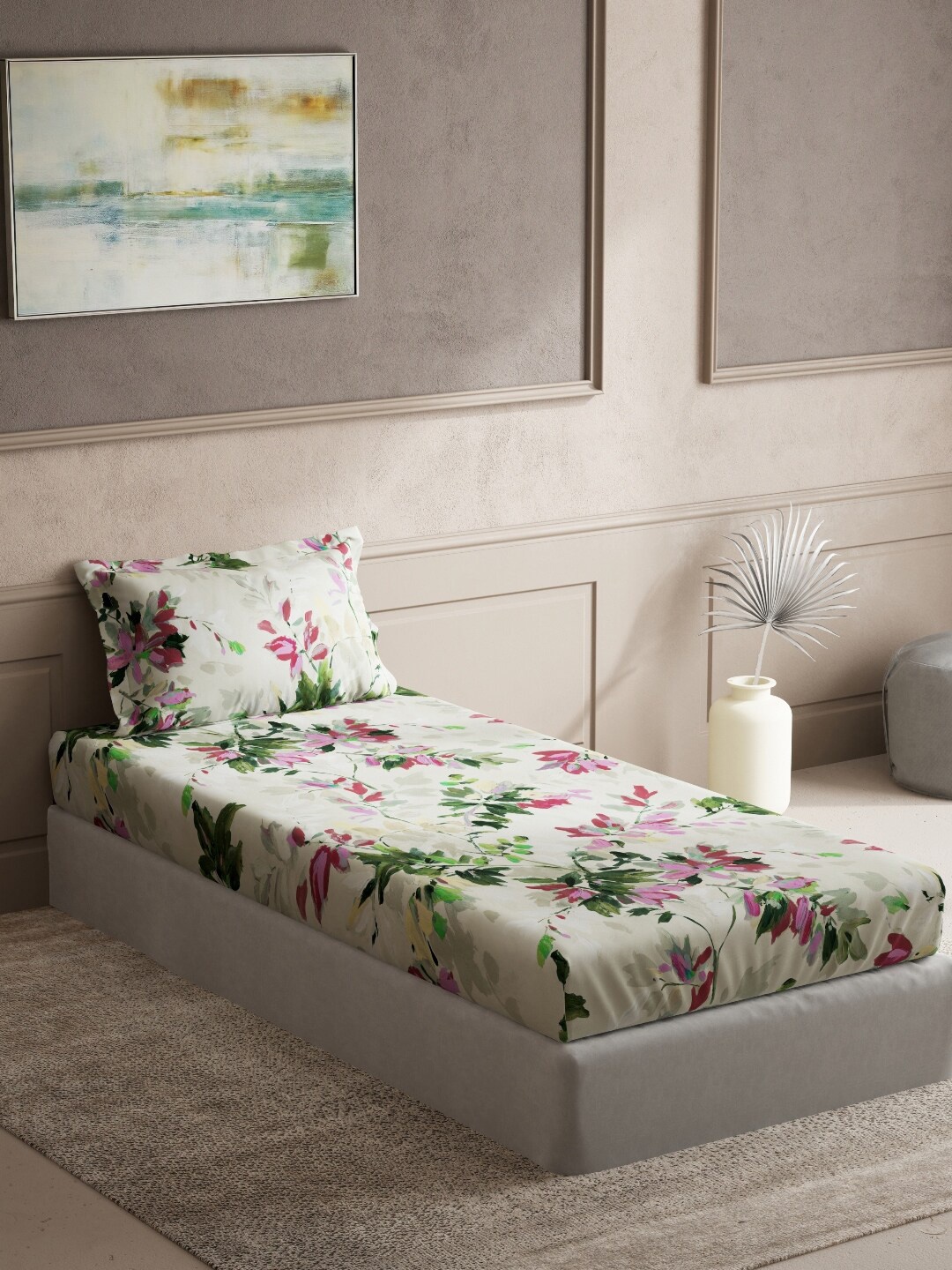 DDecor Pink & Green Floral 150 TC Single Bedsheet with 1 Pillow Covers