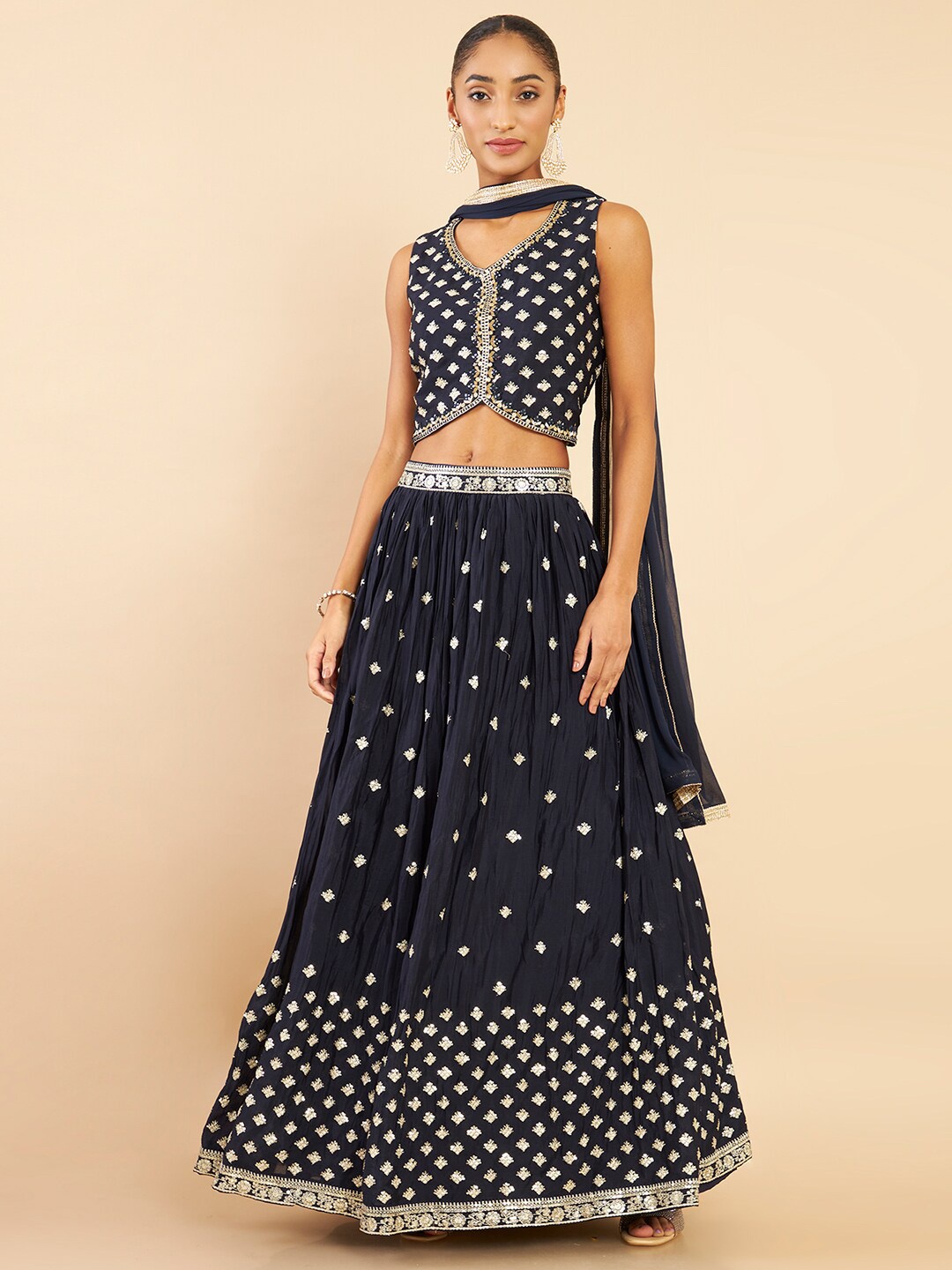 Soch Navy Blue & Gold-Toned Embroidered Sequinned Ready to Wear Lehenga & Blouse With Dupatta
Soch Navy Blue & Gold-Toned Embroidered Sequinned Ready to Wear Lehenga & Blouse With Dupatta