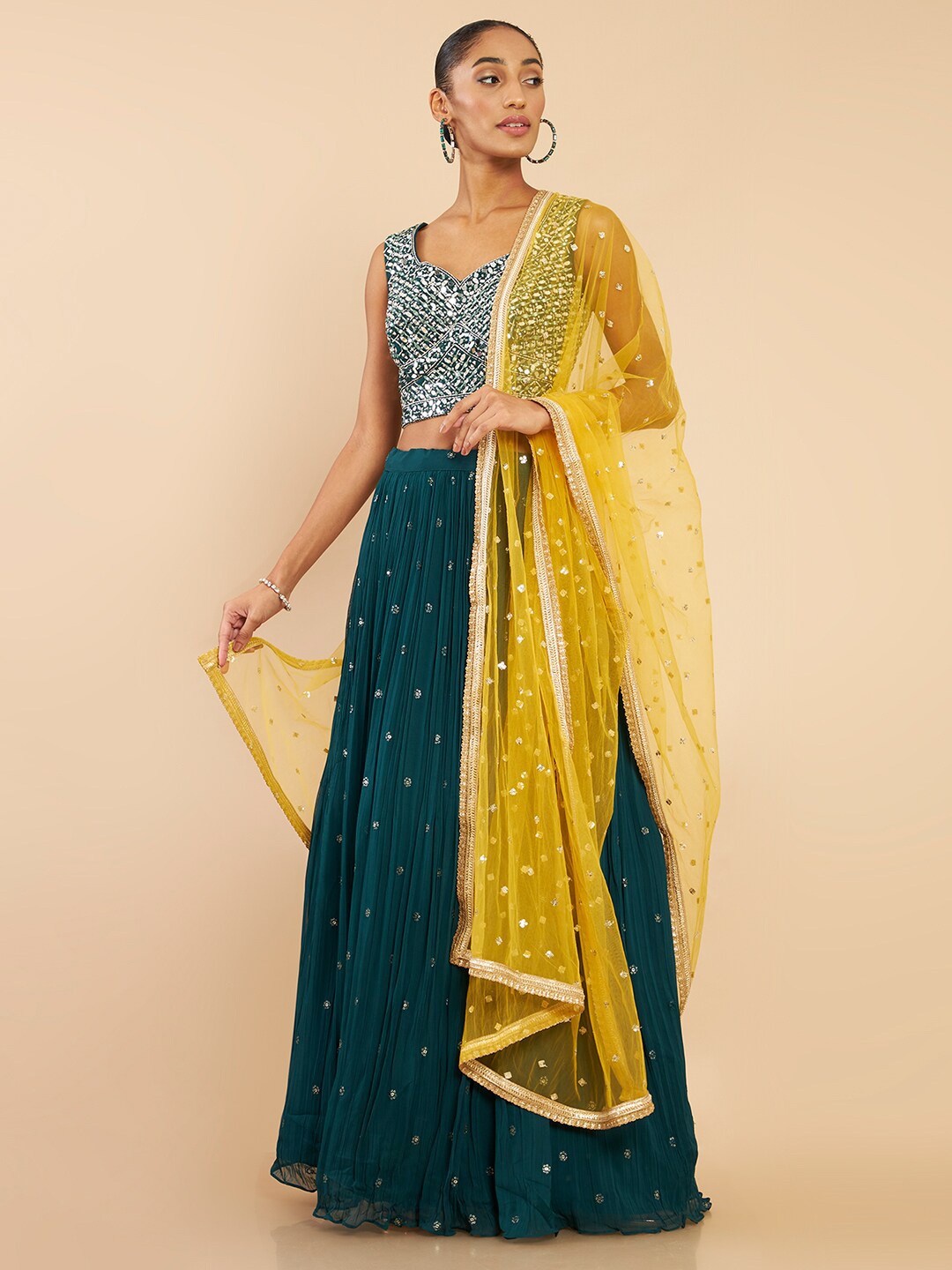 Soch Green & Yellow Embellished Mirror Work Ready to Wear Lehenga & Blouse With Dupatta
Soch Green & Yellow Embellished Mirror Work Ready to Wear Lehenga & Blouse With Dupatta