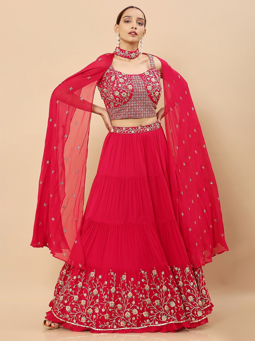 Soch Pink & Gold-Toned Embroidered Sequinned Ready to Wear Lehenga & Blouse With Dupatta
Soch Pink & Gold-Toned Embroidered Sequinned Ready to Wear Lehenga & Blouse With Dupatta