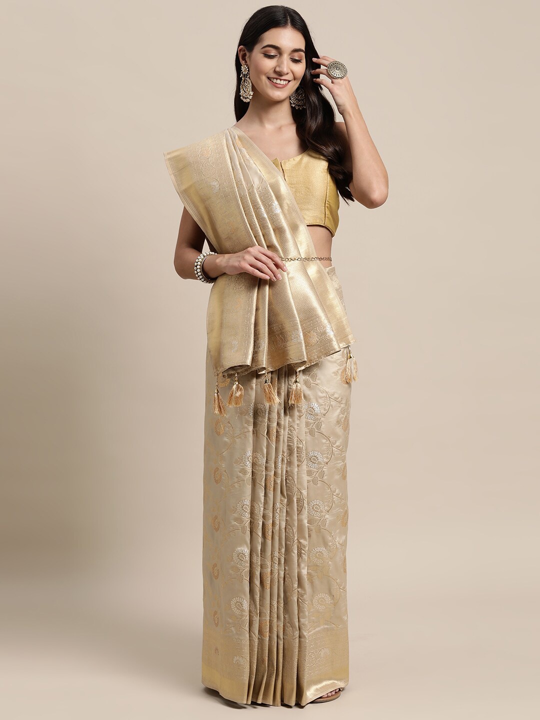 KAITHY CREATION Cream-Coloured & Gold-Toned Woven Design Zari Pure Silk Banarasi Saree
KAITHY CREATION Cream-Coloured & Gold-Toned Woven Design Zari Pure Silk Banarasi Saree
