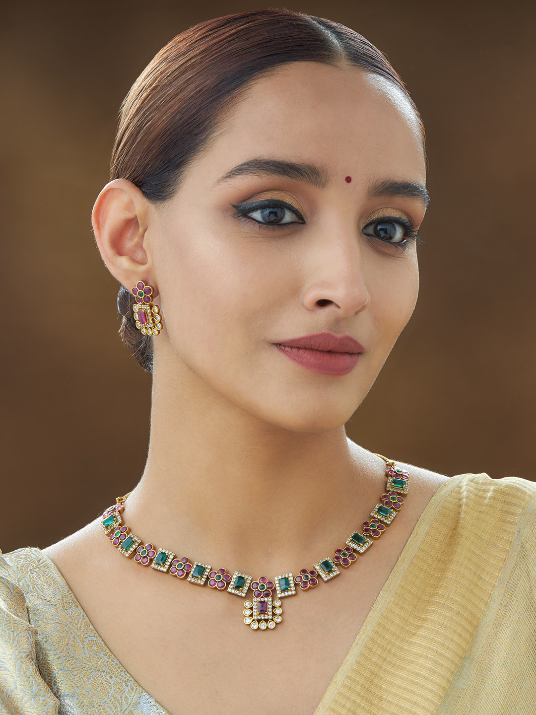 Kushal's Fashion Jewellery Gold-Plated Green & Pink CZ Studded Jewelery Set, Rose gold 
Kushal's Fashion Jewellery Gold-Plated Green & Pink CZ Studded Jewelery Set, Rose gold
