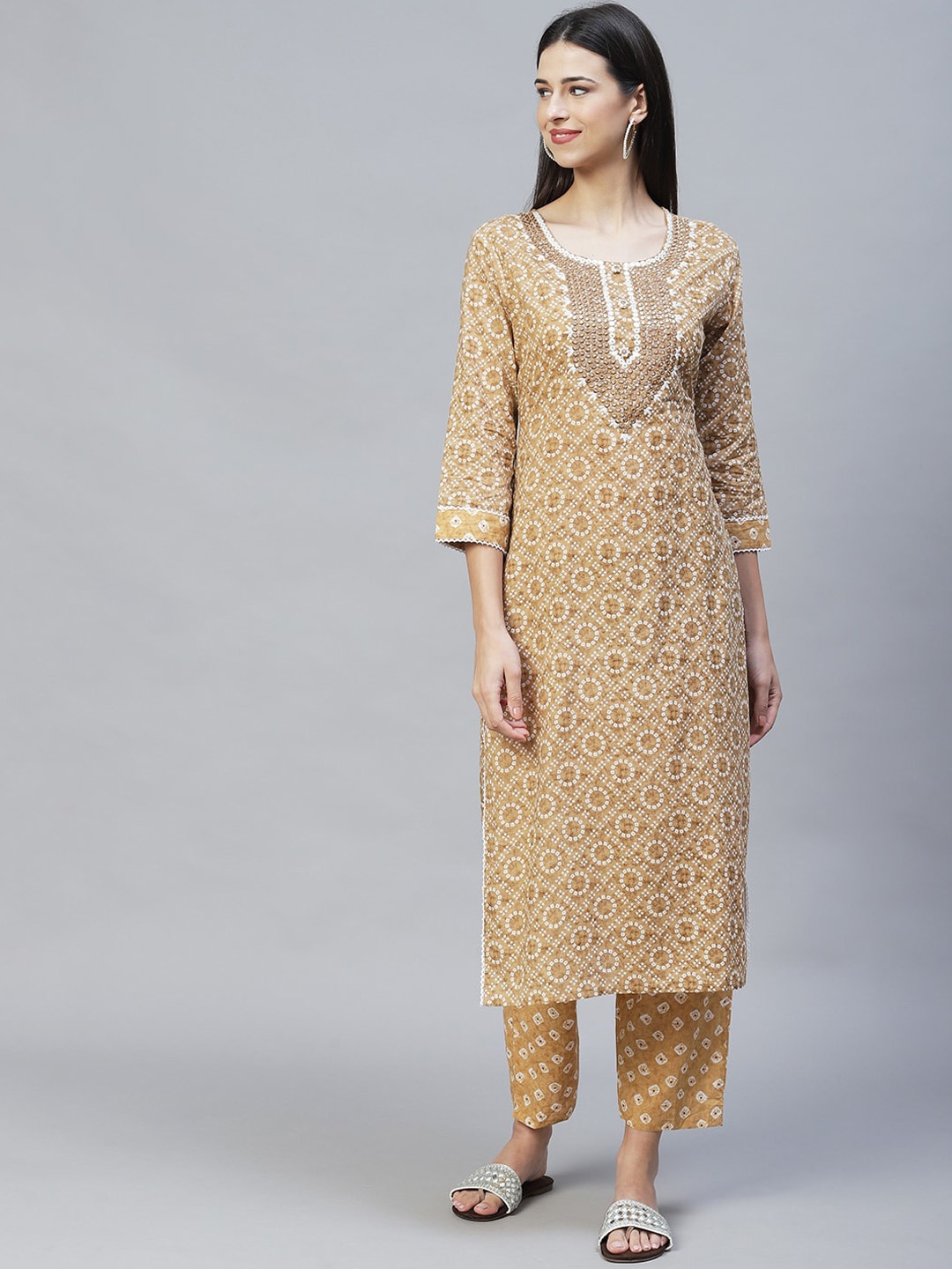 FASHOR Women Camel Brown Bandhani Printed Mirror Work Pure Cotton Kurta with Trouser
FASHOR Women Camel Brown Bandhani Printed Mirror Work Pure Cotton Kurta with Trouser