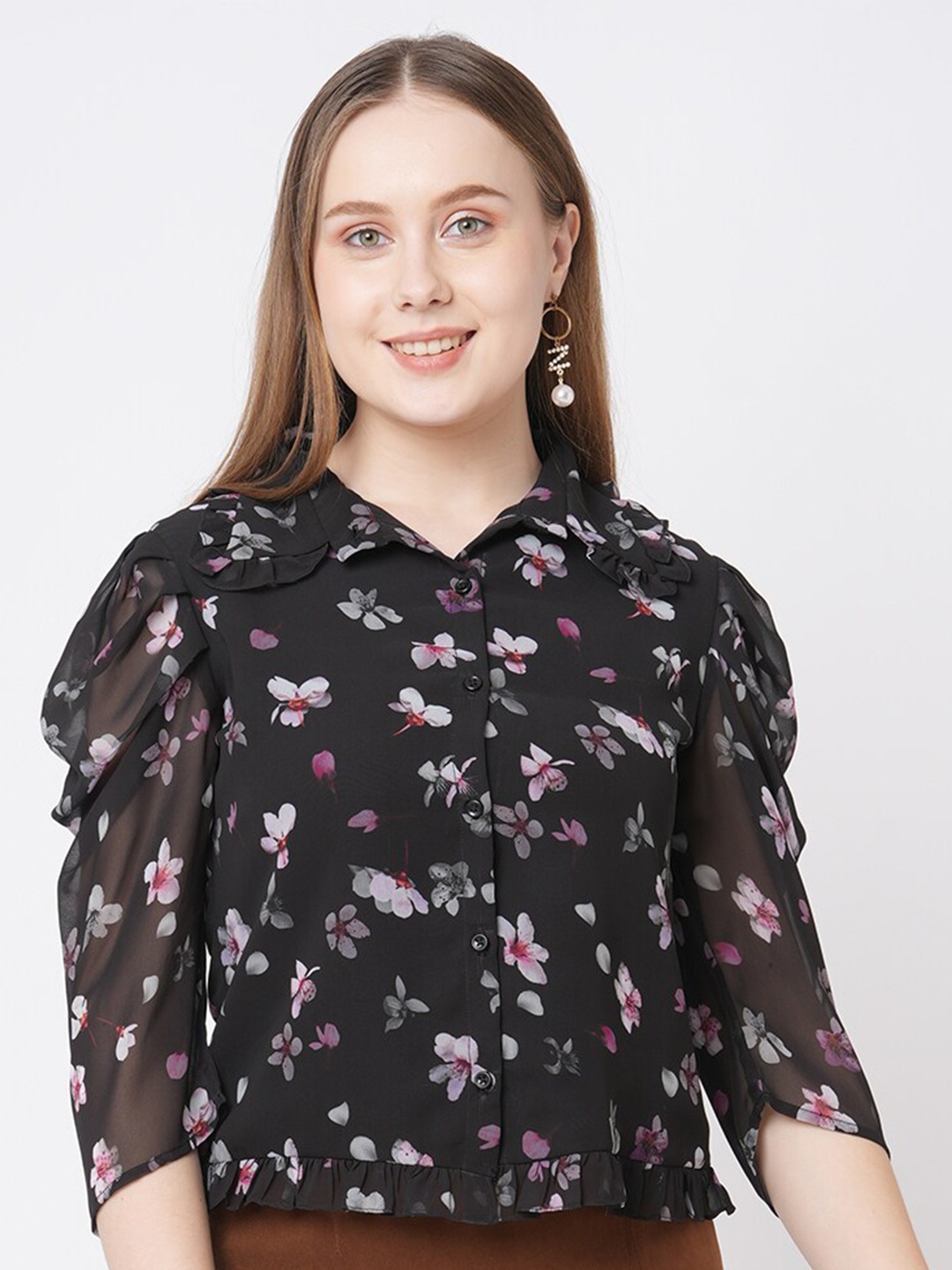 MISH Women Black Floral Print Ruffles Georgette Shirt Style Top