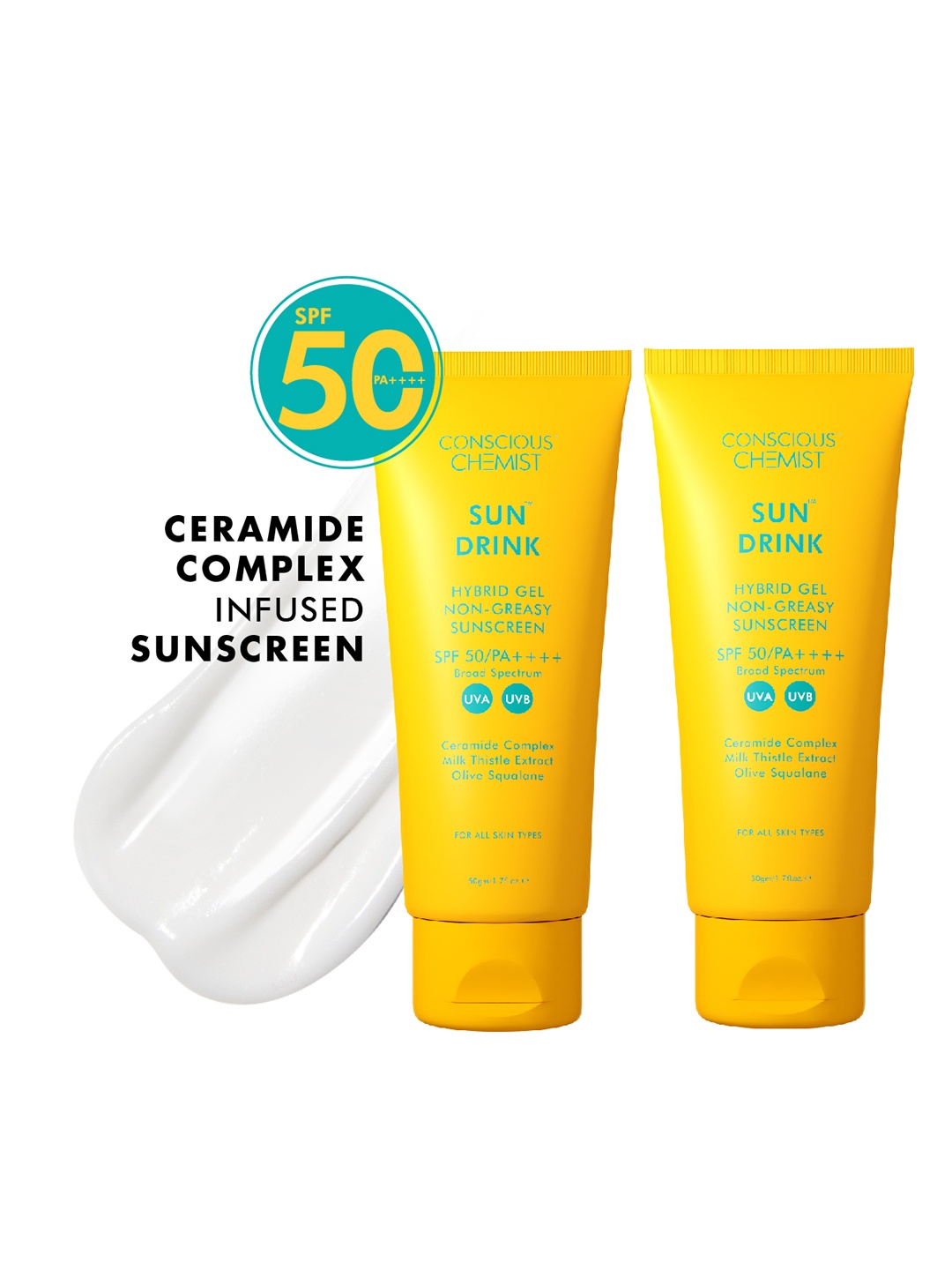 Conscious Chemist Set of 2 Ceramides Hybrid Gel Sunscreen SPF50 with UVA/UVB Protection, Yellow
Conscious Chemist Set of 2 Ceramides Hybrid Gel Sunscreen SPF50 with UVA/UVB Protection, Yellow