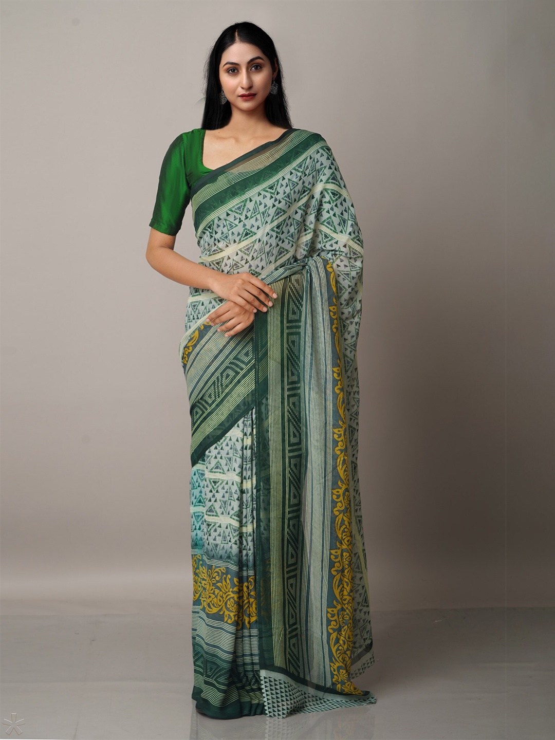 Unnati Silks Blue & Yellow Block Print Georgette Saree