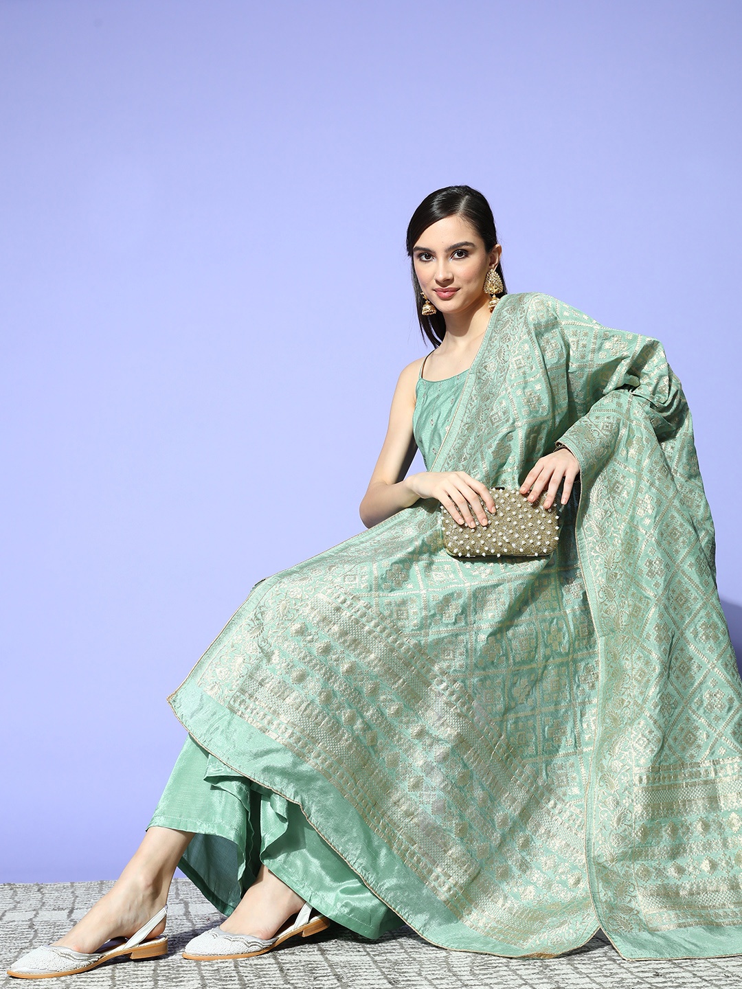 Sunehri Ethnic Motifs Woven Design Shoulder Straps Kurta & Sharara With Dupatta, Sea green
Sunehri Ethnic Motifs Woven Design Shoulder Straps Kurta & Sharara With Dupatta, Sea green