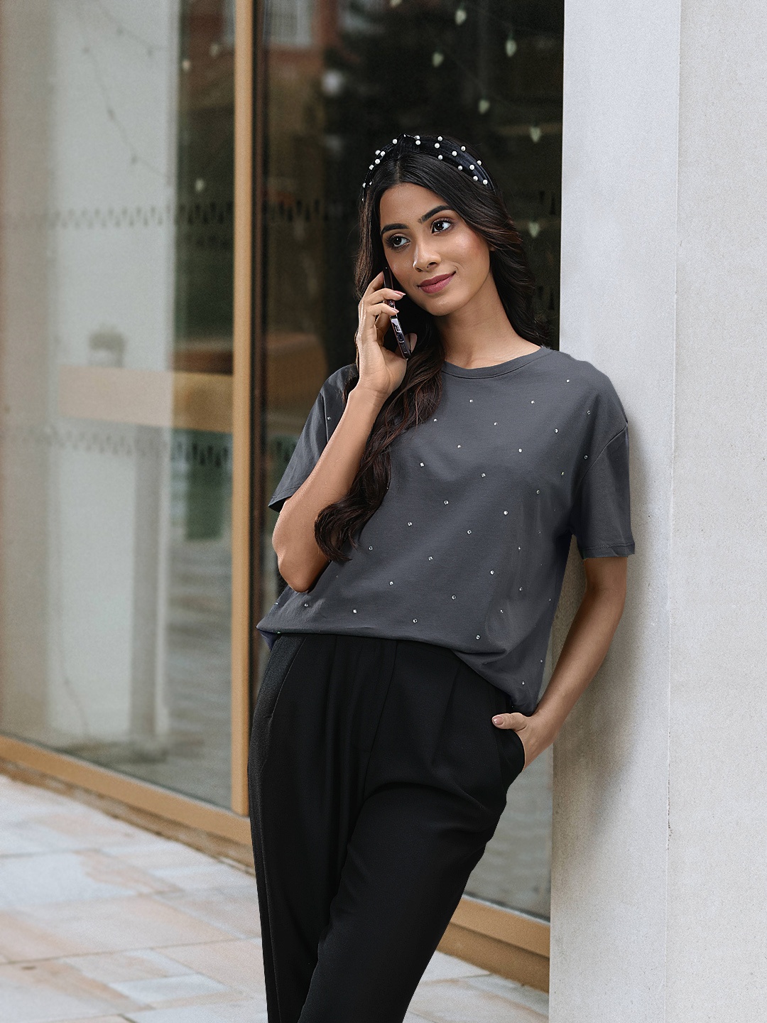 MANGO Women Charcoal Grey Embellished Drop-Shoulder Sleeves Cotton Sustainable T-shirt
MANGO Women Charcoal Grey Embellished Drop-Shoulder Sleeves Cotton Sustainable T-shirt