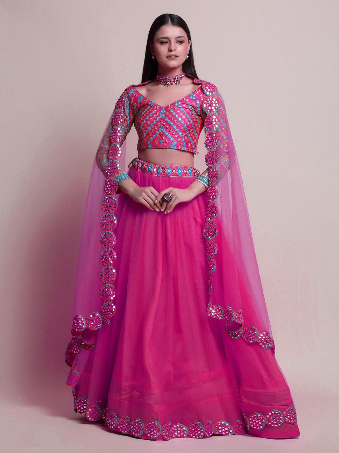Atsevam Pink & Blue Embroidered Mirror Work Semi-Stitched Lehenga & Unstitched Blouse With Dupatta
Atsevam Pink & Blue Embroidered Mirror Work Semi-Stitched Lehenga & Unstitched Blouse With Dupatta