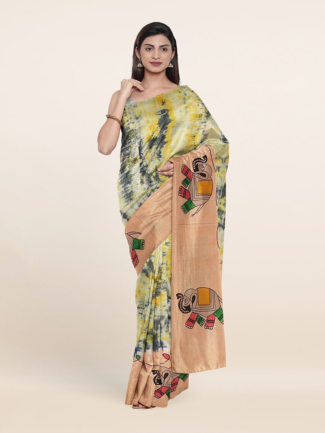 Pothys Cream-Coloured & Beige Tie and Dye Mirror Work Pure Cotton Saree