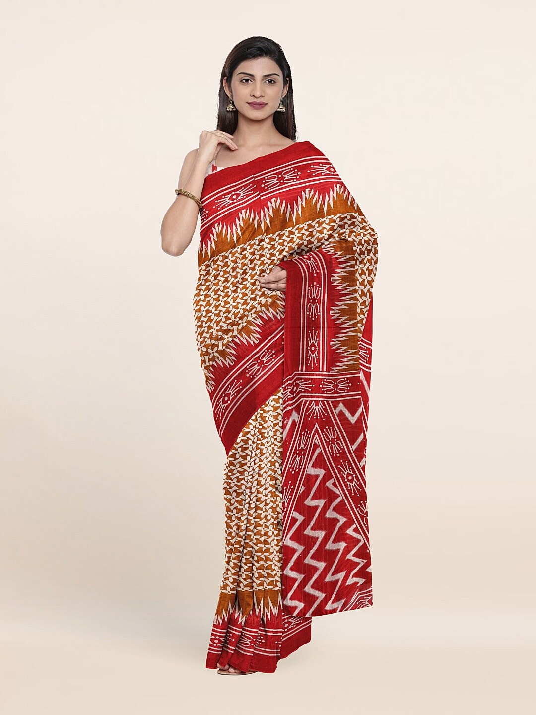 Pothys Mustard & White Floral Pure Cotton Saree