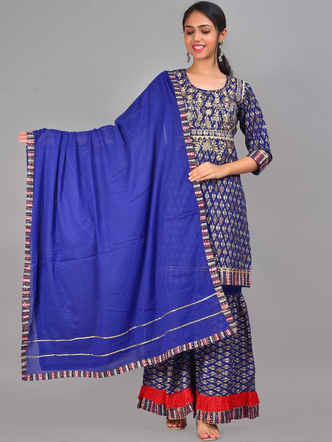 KALINI Women Navy Blue Floral Embroidered Gotta Patti Pure Cotton Kurta with Sharara & With Dupatta
KALINI Women Navy Blue Floral Embroidered Gotta Patti Pure Cotton Kurta with Sharara & With Dupatta