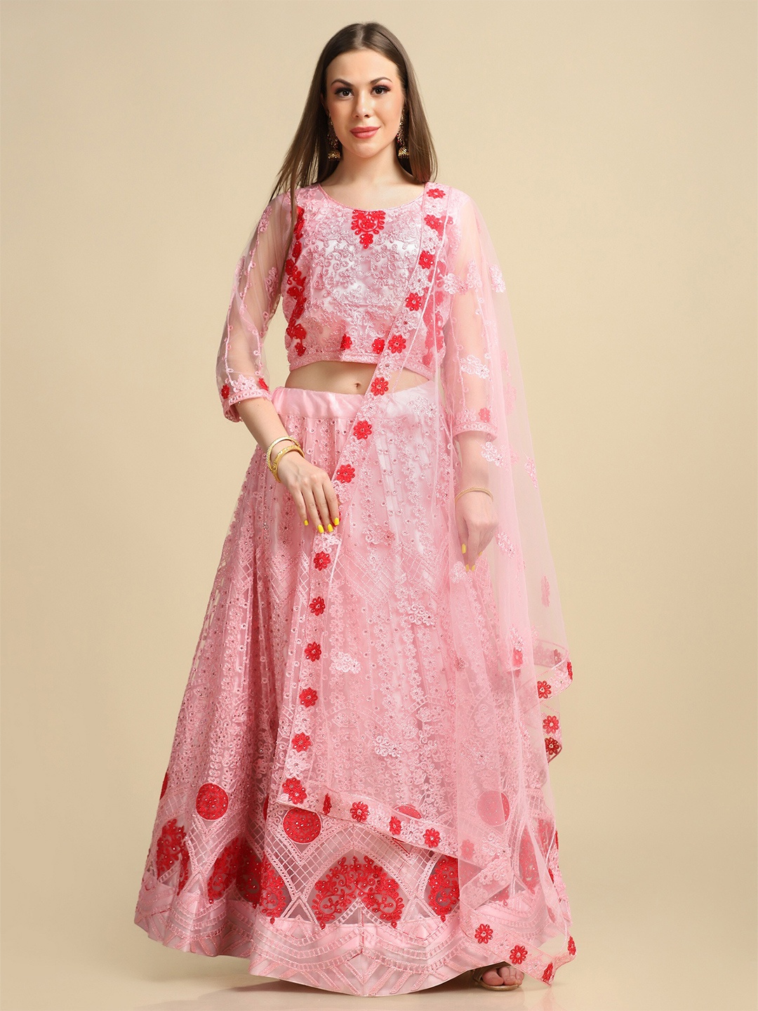 Atsevam Pink & Red Embroidered Thread Work Semi-Stitched Lehenga & Unstitched Blouse With Dupatta
Atsevam Pink & Red Embroidered Thread Work Semi-Stitched Lehenga & Unstitched Blouse With Dupatta