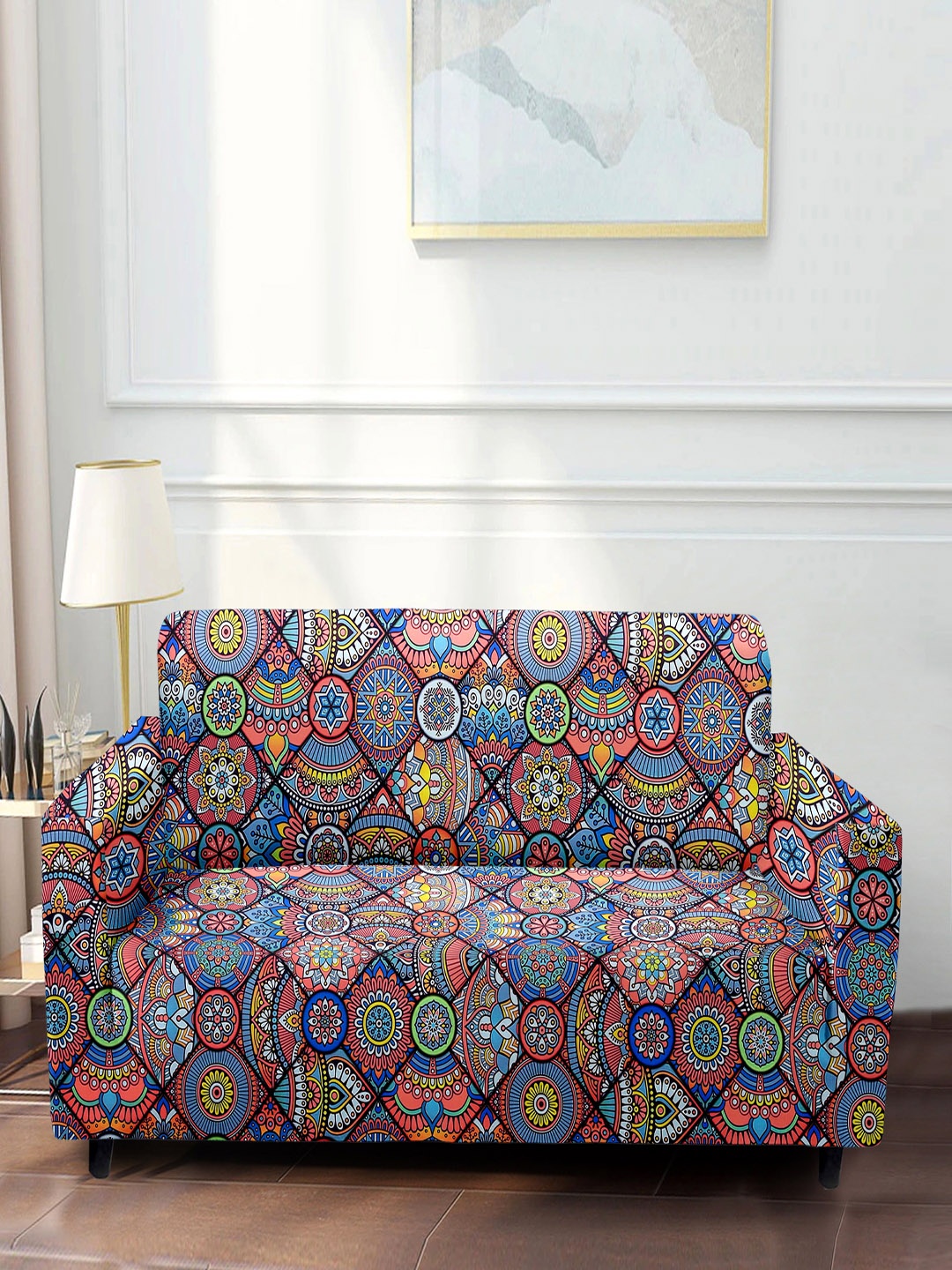 Cortina Orange & Blue Printed 4 Seater Sofa Cover