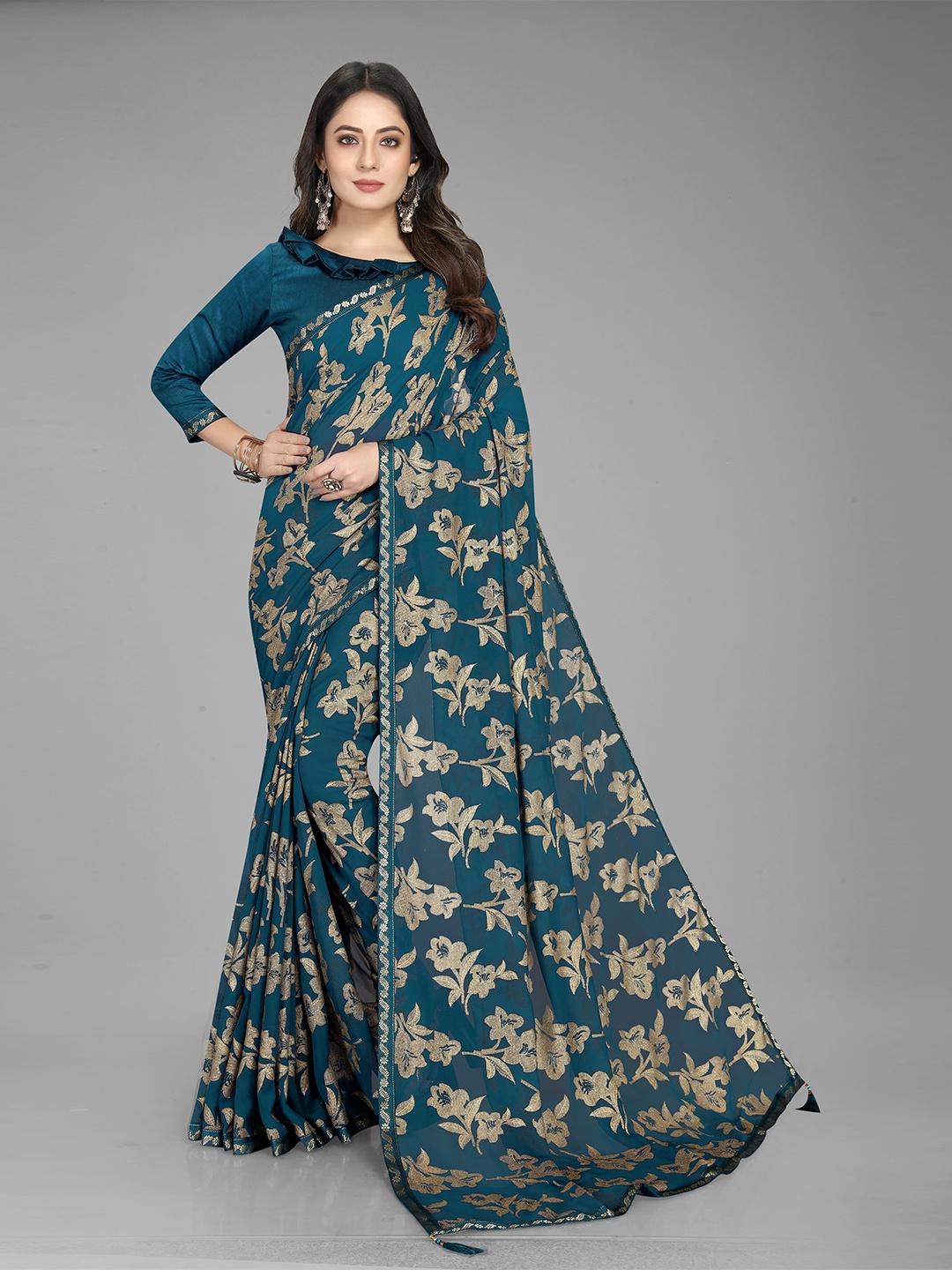 DEETYA ARTS Teal & Gold-Toned Floral Embroidered Pure Georgette Kanjeevaram Saree
